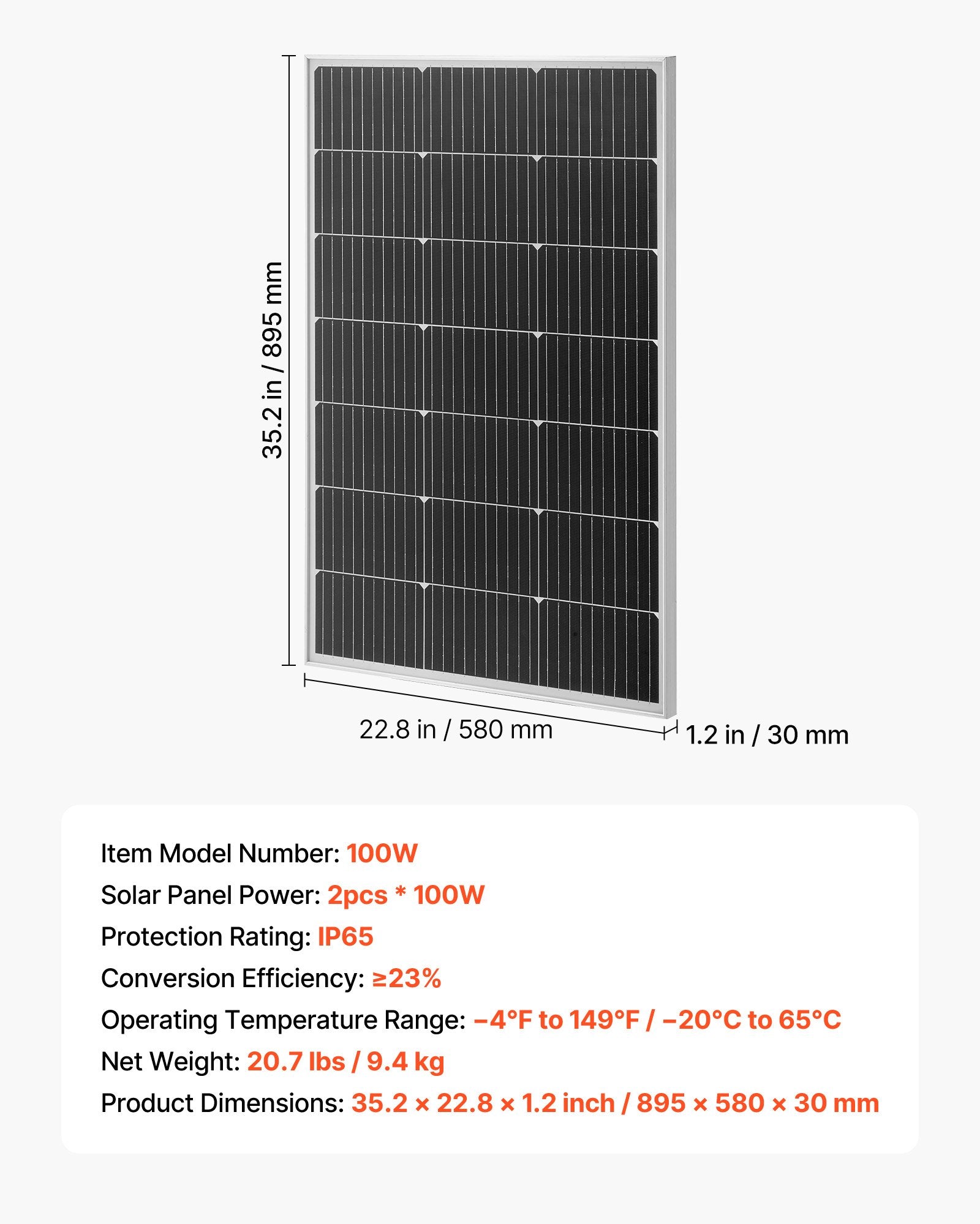 2PCS 100W Monocrystalline Solar Panels, 23% High-Efficiency Mono PV